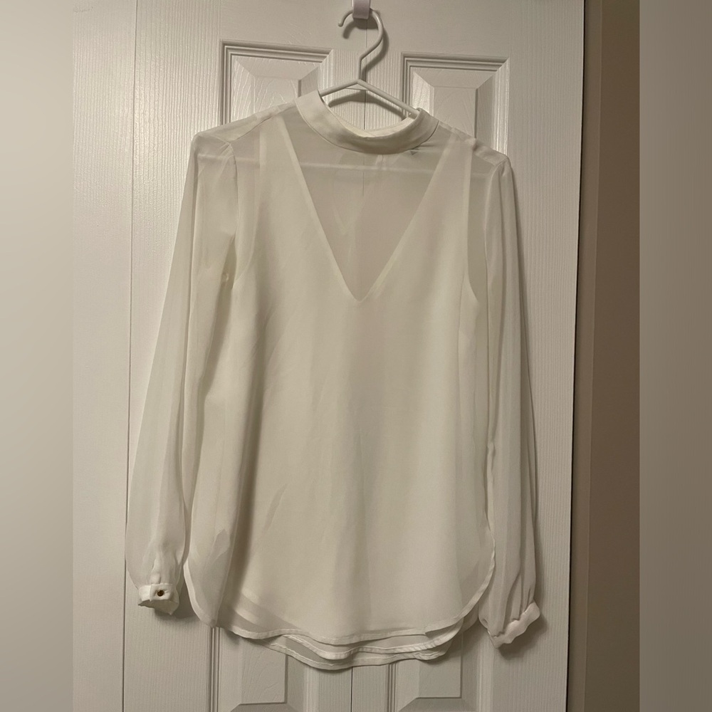 Dynamite Sheer White Long-Sleeve V-Neck Blouse